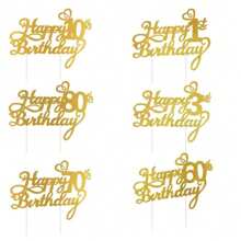 生日快乐蛋糕装饰 - 闪光金色生日蛋糕装饰用品、周年纪念、生日派对装饰品（金色） - 金色 - 查看 5