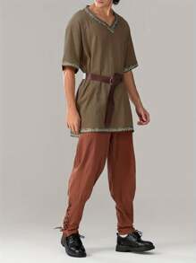 Men Medieval Costume Renaissance Templar Tunic Viking Knight Pirate Vintage Warrior Halloween Cosplay Party Tops - Brown - View 4