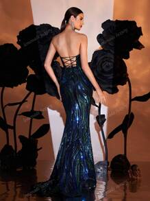 Vestido largo con escote en V y espalda descubierta con lentejuelas (no con estampado posicional, diseño de flores aleatorio), vestido de invitada de boda, vestido de gala, vestido de noche