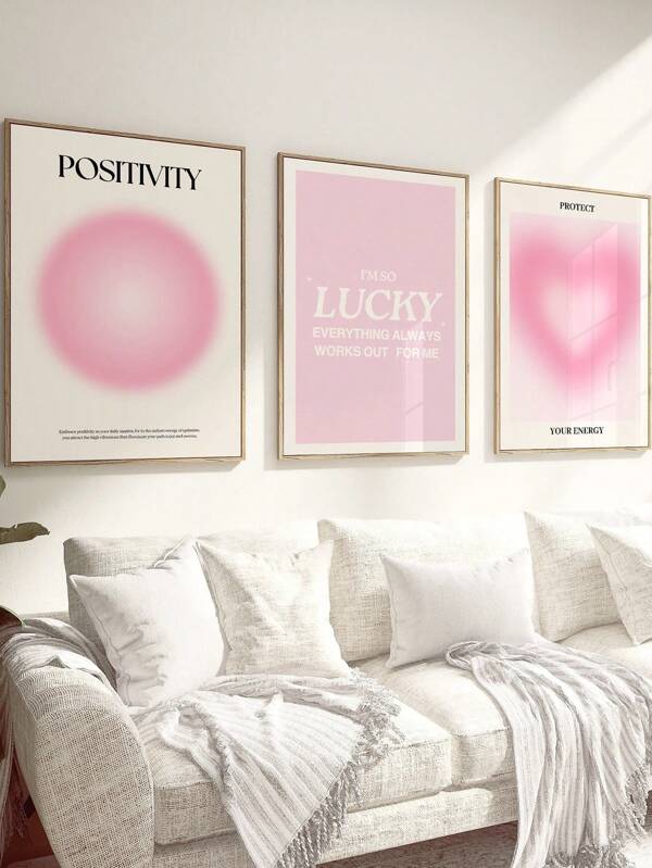 3pcs/Set, Canvas Painting And Poster, Framed, Ready To Hang, I Am Lucky, Everything Works For Me, Mental Health, Pink Aura Energy Gradient Painting, Minimalism, Home Decor, Wall Art, Room Decoration, Creative Gift, Living Room, Bedroom, Dining Room, Office Gifts Birthday Graduation