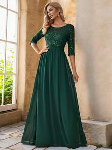 Colorblock Sequin Chiffon Formal Gown, Suitable For Wedding Guest, Graduation Ceremony, Gala Dinner, Party And Other Formal Occasions - Dark Green - View 6