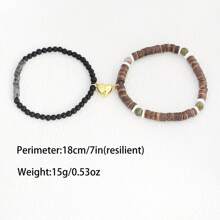 2pcs/Set Minimalist Couple Bracelets With Tiger Eye Stone, Glass Beads, Coconut Shell Heart Pendant, Valentines Gift For Boyfriend/Girlfriend - Bracelet - View 3