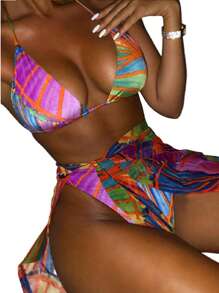 Women Three-piece Bikini with Halter Neck Design Personality Colorful Print Summer Clothing - Como se muestra en la figura - Ver 6