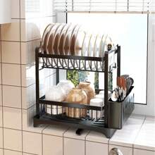 Draining Rack With 2 Levels And Removable Utensil Holder, Draining Rack For Space-Saving Sinks, Draining Rack For Kitchen Counter, Rust-Resistant Stainless Steel Dish Rack - 黑色 - 查看 2