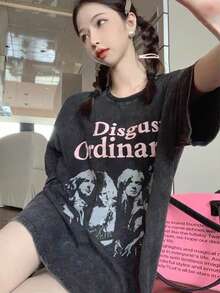 女士圆领短袖图案印花休闲上衣，日常穿着 - 黑色 - 查看 3