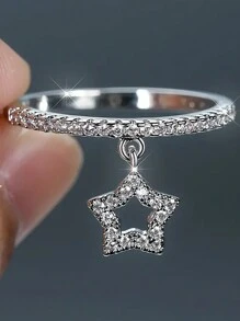 1pc Luxury Hollow Star Zirconia Ring Ladies Jewelry For Women 925 Sterling Silver Single Ring Fine Jewelry For Girls Birthday Prom Party Gifts - Star - View 1