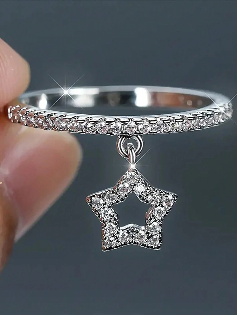 1pc Luxury Hollow Star Zirconia Ring Ladies Jewelry For Women 925 Sterling Silver Single Ring Fine Jewelry For Girls Birthday Prom Party Gifts - Star - View 1