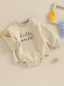 Sudadera para bebé recién nacido, niño y niña, mono de manga larga con burbujas y bordado de Hello World, mono de forro polar de gran tamaño, suéter, tops, ropa bonita para otoño e invierno - Albaricoque - Ver 3