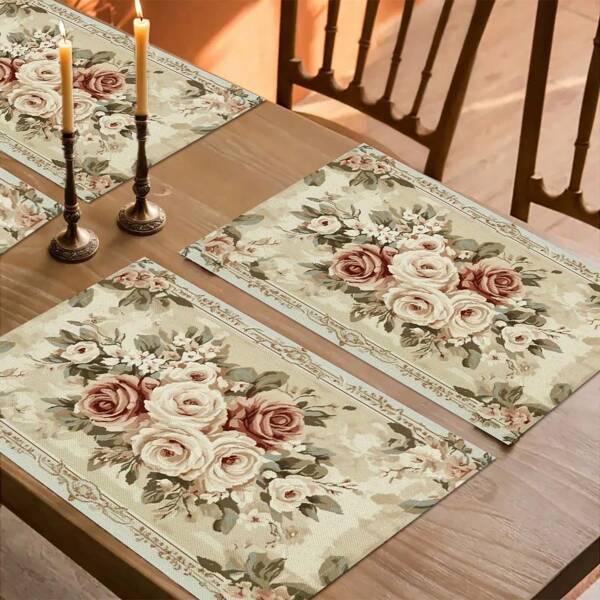 1set/1pc/4pcs/6pcs Shabby Chic Floral Placemats, 100% Linen Woven RectangularTable Decor, Elegant Rose And Lace Design, Machine Washable Polyester Placemat, Protected Tabletop, Heat Resistant, Dirty And Easy To Clean Placemats, Table Decoration, HolidayParty Layout, Desktop Protection, Can Be Used As Gifts