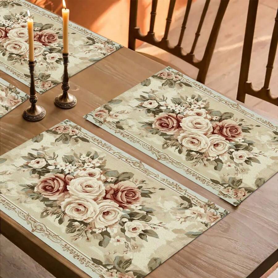 1set/1pc/4pcs/6pcs Shabby Chic Floral Placemats, 100% Linen Woven RectangularTable Decor, Elegant Rose And Lace Design, Machine Washable Polyester Placemat, Protected Tabletop, Heat Resistant, Dirty And Easy To Clean Placemats, Table Decoration, HolidayParty Layout, Desktop Protection, Can Be Used As Gifts