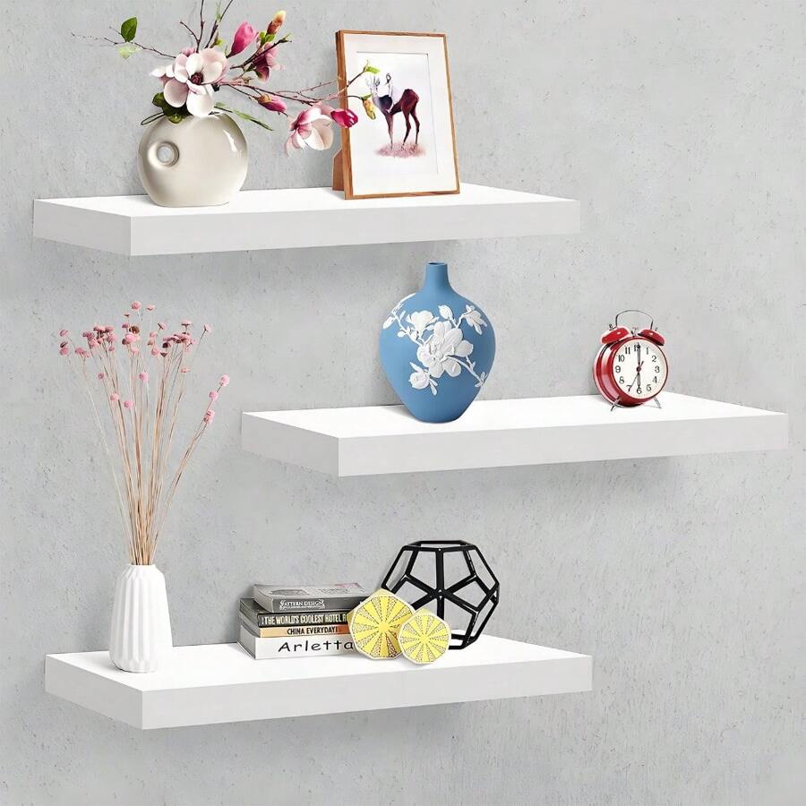 3Pcs Floating Shelves 80cm Shelves For Wall Decorative Wood Wall White Shelves Screw Mounted For Bathroom Kitchen Living Room BedroomRoom Decor - White - View 1