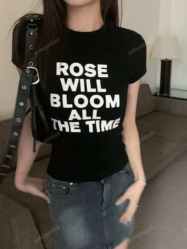 Vintage Inspired Letter Print Short Sleeve T-Shirt For Women, Stylish Fitted Top