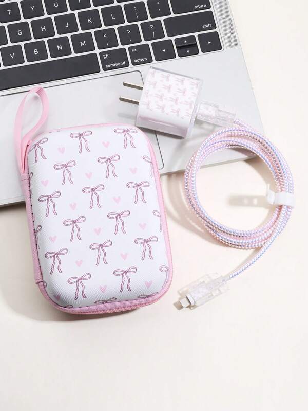 6 Pieces Bow Line Cable Organizer Set, Data Cable Protective Sleeve + Organizer Pouch, Mobile Phone Data Cable Protector, Cord Winder Fixer Anti-Breaking Cable Charger Head Protector