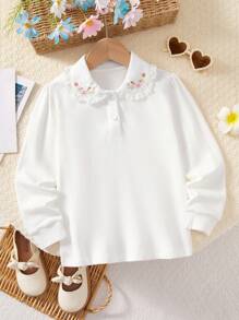 Tween Girl Cute Embroidered Ruffled Collar Long Sleeve Tee, Fashion Breathable Soft 100% Cotton Traceable Fabric, Spring New - White - View 2