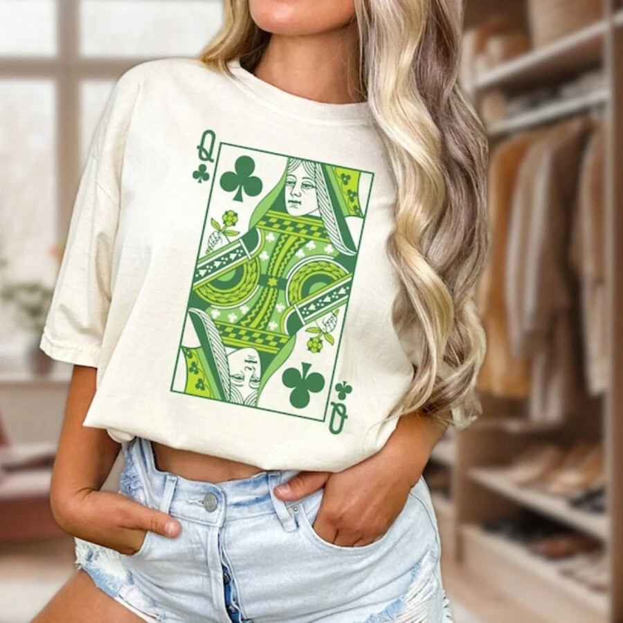Queen Of Clubs Shirt For St. Patrick's Day, Green St. Pats T Shirt, Retro Boho Vintage Graphic Tee, Fun Green Pub Crawl Tee - trắng - Xem 1