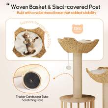 BingoPaw Scratching Post Cat Tree Stable: 3 Levels Modern Cat Scratching Post Climbing Tree With 2 Wicker Baskets Cat Bed Cat Cave Platform Plush Ball 99cm High Cat Furniture Occupation Scratching - Beige - View 11