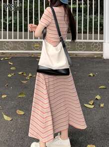 Spring/Summer Dopamine Colorful Striped Round Neck Short Sleeve Fitted Waist Long Dress For Women
