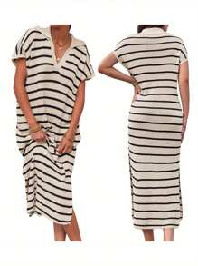 Women's Knit Midi Dress Short Sleeve Lapel Collar Striped Print Long Dress Going Out Dress