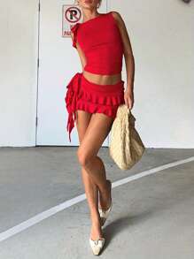 Women Summer Skirts Outfits Solid Color Tie-Up Shoulder Sleeveless Tank Tops Ruffles Mini Skirts 2 Pieces Clothes Set - Red - View 3