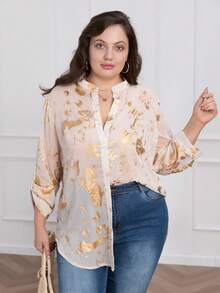 Women Plus Size Gold Foil Long Sleeve Single Breasted Loose Casual Blouse