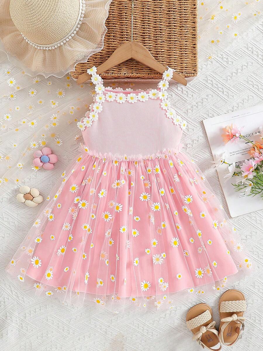 Young Girl Sunflower Print Tulle Ballet Princess Dress, Spring/Summer - Pink - View 1