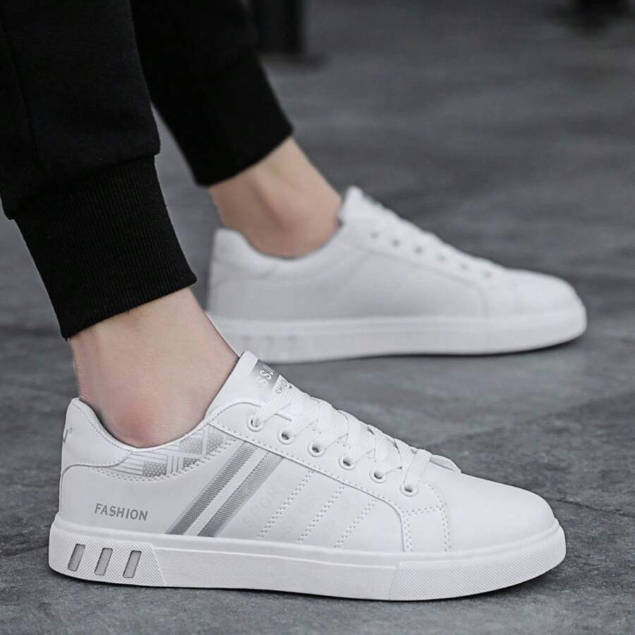 Mens Fashion Color Blocking Stripe Low Top Sneakers, Non-Slip Wear-Resistant, Breathable Lightweight Comfortable PVC Lace-Up Design Casual Sports Shoes Men - 白色 - 查看 1