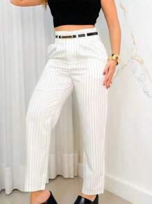 Women's Striped Tailored Trousers, Pantaloons With Belt, Elegant Fashion - 白色 - 查看 6