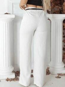 Women's Striped Tailored Trousers, Pantaloons With Belt, Elegant Fashion - 白色 - 查看 2
