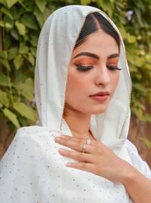 1pc Women's Rhinestone Chain Chiffon Headscarf, Islamic Fashion Solid Color Scarf, Muslim Sunscreen Hijab Headwrap, Suitable For Daily Wear