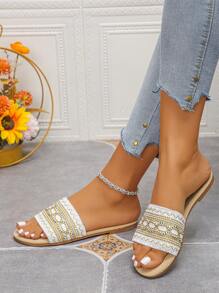 Sandalias tipo mule de suela plana de color beige sólido para interiores y exteriores, de diseño ligero con plantilla bordada, casual para caminar en el parque, adecuadas para todas las estaciones, calzado de mujer