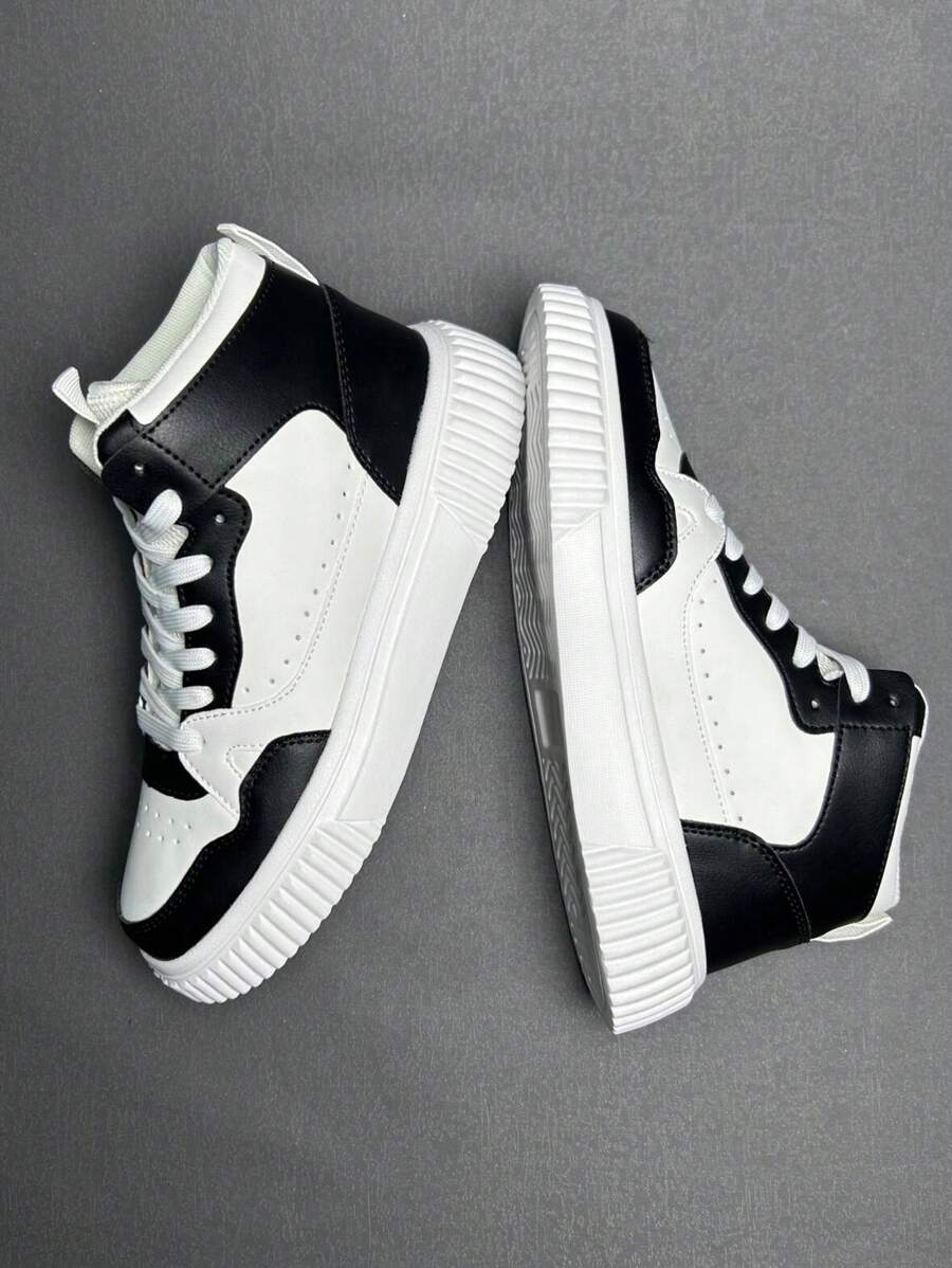 New Men High-Top Lace-Up Casual Sports Sneakers, Round Toe Comfortable Lightweight Versatile Soft Bottom Lace-Up Low-Top Outdoor Casual Sports Shoes, Suitable For New Year Outfits And Festivals - Black and White - View 1