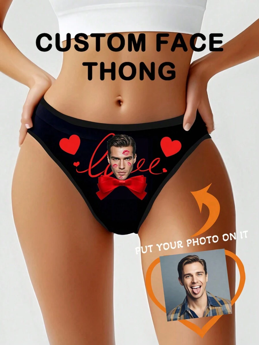 [Custom] 1pc Women's Sexy Low-Waist Letter Print Thong Panties, Customized For Christmas, Thanksgiving, Valentine's Day, Wedding Anniversary, Boyfriend/Husband, Elastic & Flattering - Black - View 1