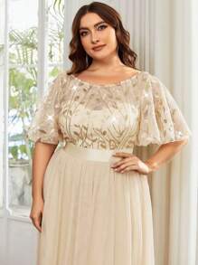 EVERPRETTY 大碼葉子亮片上身網紗舞會連衣裙