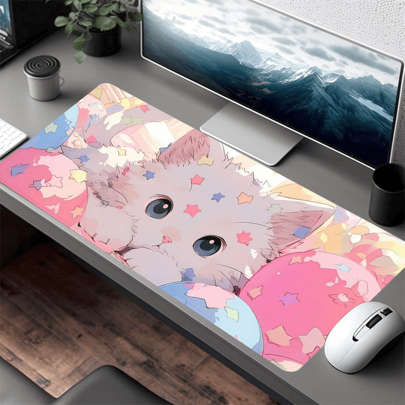 1pc Cute Candy Cat Mouse Pad Pink Kawaii Desk Mat Rubber Base Keyboard Pad Stitched Edge Non-Slip Desk Accessories XL Mousepad For Office Home As Gifts For Men Women Birthdays Valentine's Day Gaming Mouse Pad