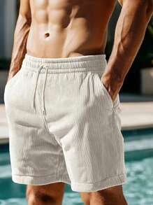 Men's Solid Color Front Lace-Up Pocket Casual Simple Shorts, For Daily Wear