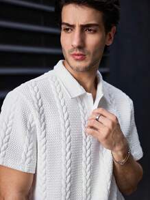 Men's Popular Personalized Solid Color Elastic Wheat Jacquard Turn-Down Collar 4/1 Half-Button Short Sleeve Polo Shirt, Simple And Elegant Fit Suitable For Casual, Fashionable, Outdoor, Commuting, Street Style, New Summer Top