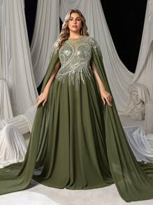 Faeriesty Vestido de noche elegante de gasa con cuentas y mangas con capa dramática para tallas grandes - Vestido de lujo brillante para eventos de etiqueta negra, alfombras rojas de festivales de cine o fiestas de gala