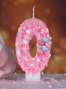 1pc Heart-Shaped Glitter Love Pink Balloon Numeral Birthday Candle, Cake Decoration Party Decor, Anniversary Celebration - Multicolor - View 1