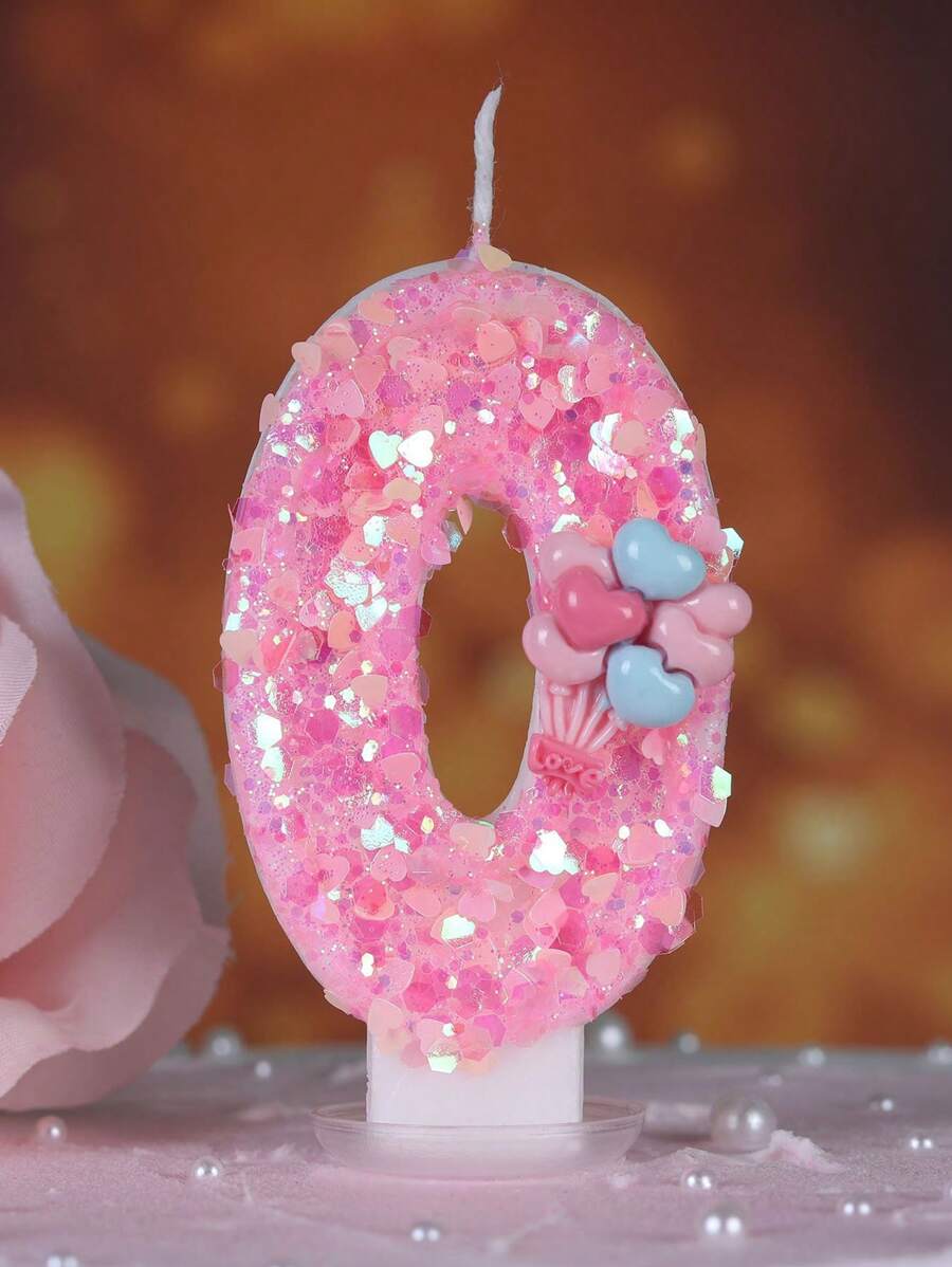 1pc Heart-Shaped Glitter Love Pink Balloon Numeral Birthday Candle, Cake Decoration Party Decor, Anniversary Celebration - Multicolor - View 1