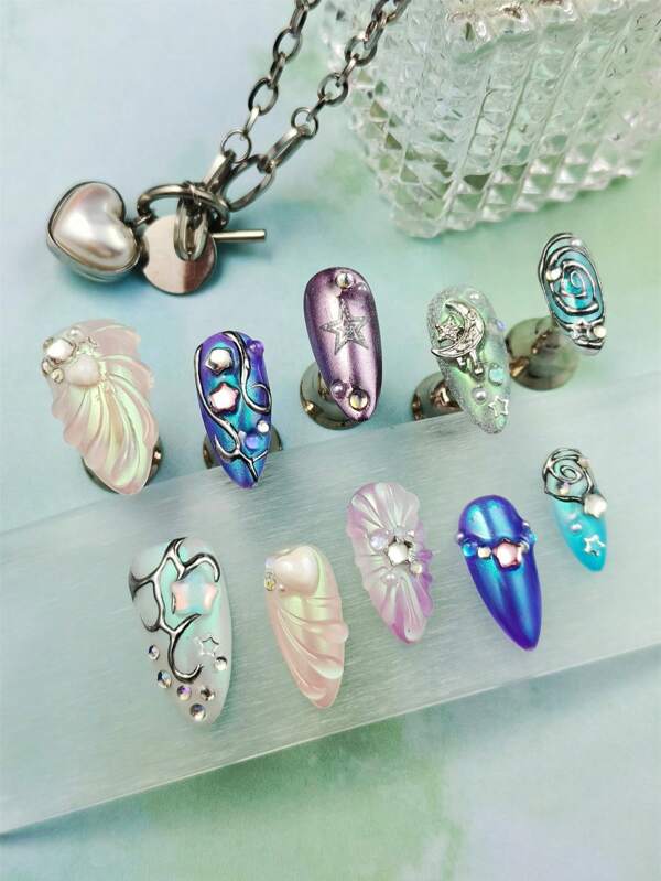 10 - Piece Handmade Coffin - Shaped Nail Art Stickers: Embrace The Dreamy Fairy - Core Style Adorned With Star And Moon Patterns. Boasting Exquisite 3D Designs, They Offer Full Coverage And A Snug Fit. Ideal For Fashion - Passionate Women On All Occasions. Reusable, Comes With Jelly Glue And A Mini Nail File, And Is Easy To Remove.