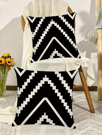 2pcs,Simple Black And White Geometric Diagram Linen Pillowcase,Single Sided Printed,Home Decor For Sofa Livingroom Couch Bed Decorative Throw Pillow Case,17.71inch, No Pillow Core