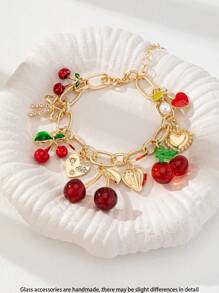 1 件手工制作的樱桃蝴蝶结心形吊坠手链，金色粗链，时尚樱桃手链首饰，春夏