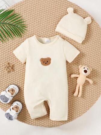 Conjunto de enterizo de manga corta de verano con bordado de oso lindo para bebé niño + gorro con orejas