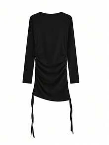 Women's Simple Solid Color Long Sleeve Drawstring Dress Casual Black Spring Elegant - Black - View 3