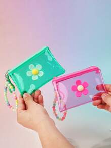 彩色透明零钱包，花卉串珠链儿童纯色钥匙扣袋，迷你收纳袋
