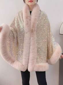 一件秋冬季仿毛皮饰边亮面披肩，法兰绒内衬，休闲派对优雅斗篷外套，可搭配连衣裙穿着。 - 彩色 - 查看 3