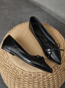 WHDXY 女士法式平底鞋，尖头蝴蝶结设计，低鞋面，休闲黑色复古乐福鞋，百搭芭蕾平底鞋