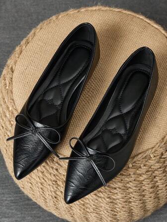 WHDXY 女士法式平底鞋，尖头蝴蝶结设计，低鞋面，休闲黑色复古乐福鞋，百搭芭蕾平底鞋