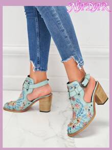 Blue Flower Printed Sandal Booties, Strappy Buckle Detail Chunky High Heel