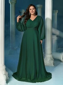 QOQ Elegant Dark Green Plus Size V-Neck Lantern Sleeve Faux Pearl Decoration Waist Gown Dresses, Party Dress, Wedding Guest Dress, Formal Dress, Evening Dress